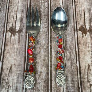 HANDCRAFTED Beaded Artisian Dream Jeweled Serving Spoon & Fork With Glass Stones